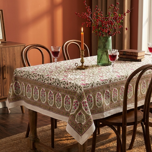 Pink Floral Jaal Handblock Table Cover