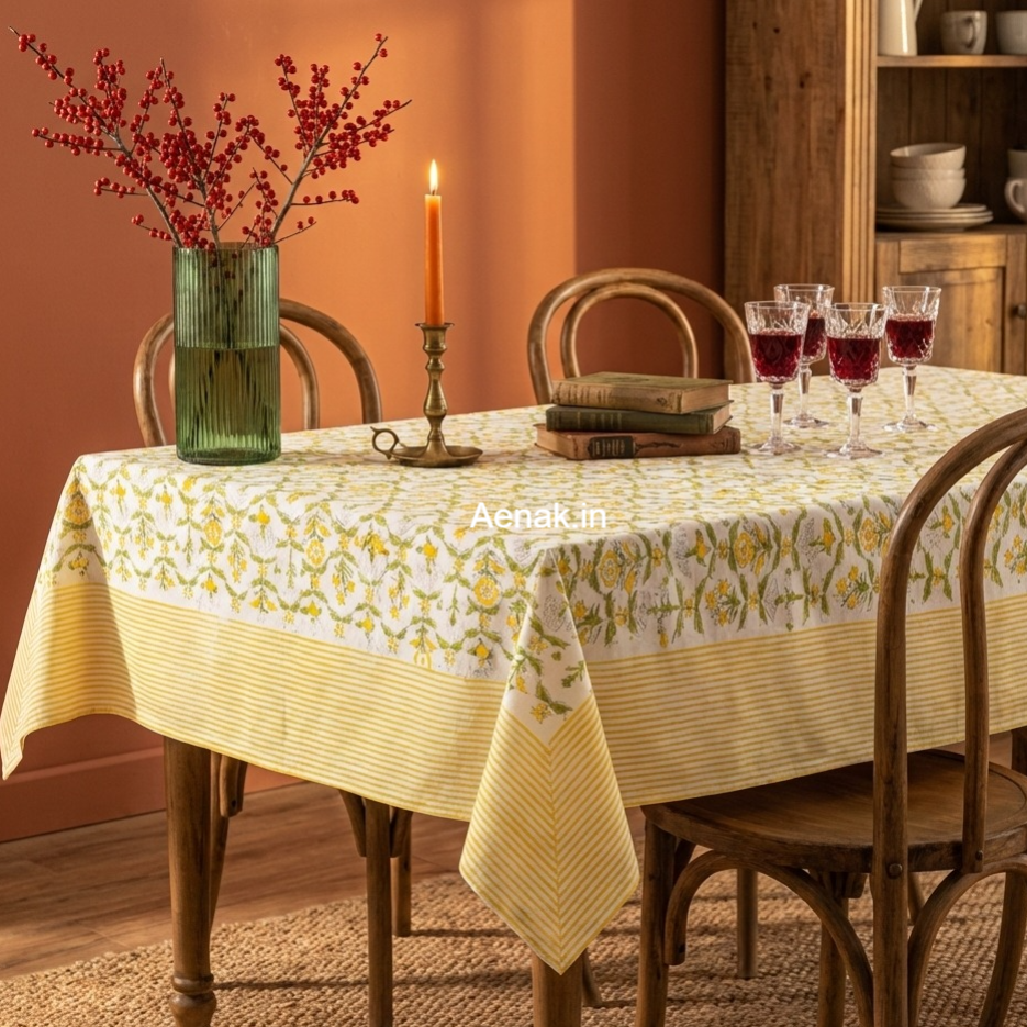 Yellow Floral Garden Handblock Table Cover