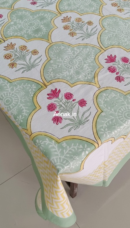 Mint Green & Yellow Handblock Table Cover