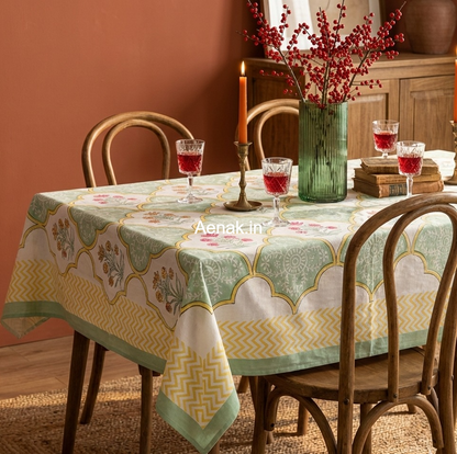 Mint Green & Yellow Handblock Table Cover