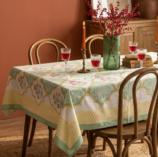Mint Green & Yellow Handblock Table Cover