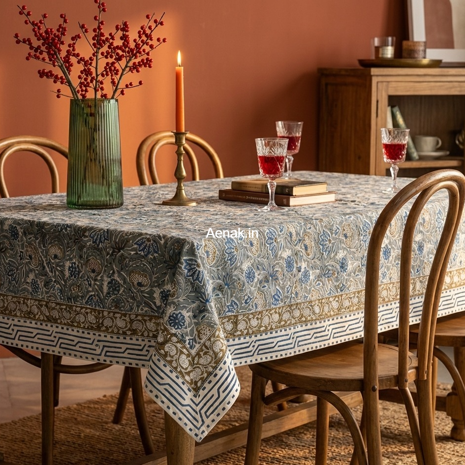 Blue Lotus Garden Handblock Table Cover
