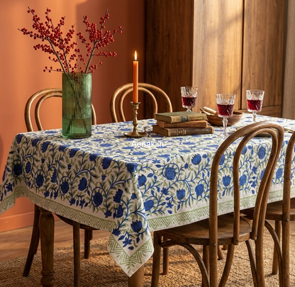 Blue Rose Handblock Table Cover