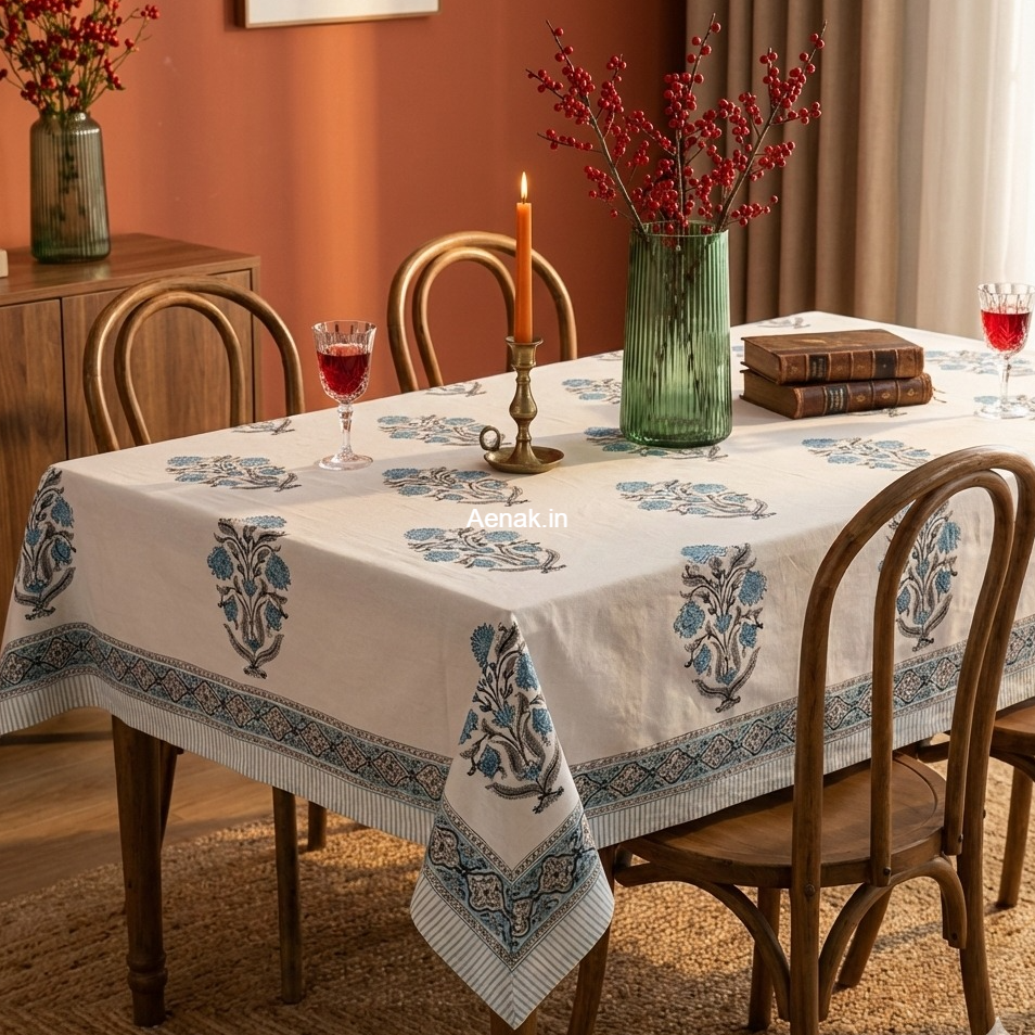 Teal Blue Dahlia Handblock Table Cover