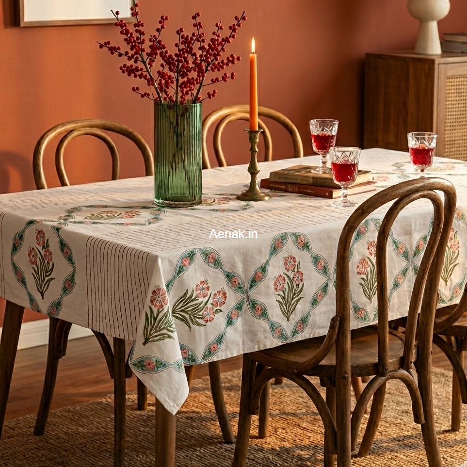 Red Periwinkle Handblock Table Cover