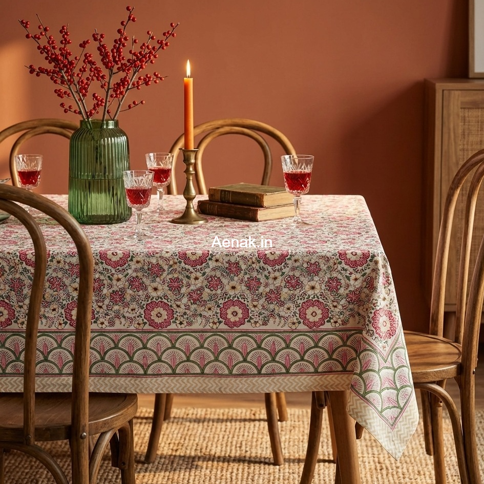 Royal Pink Floral Garden Handblock Table Cover