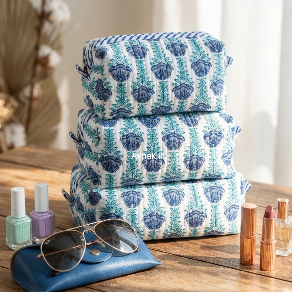Blue Periwinkle Quilted Vanity Pouches-Set of 3