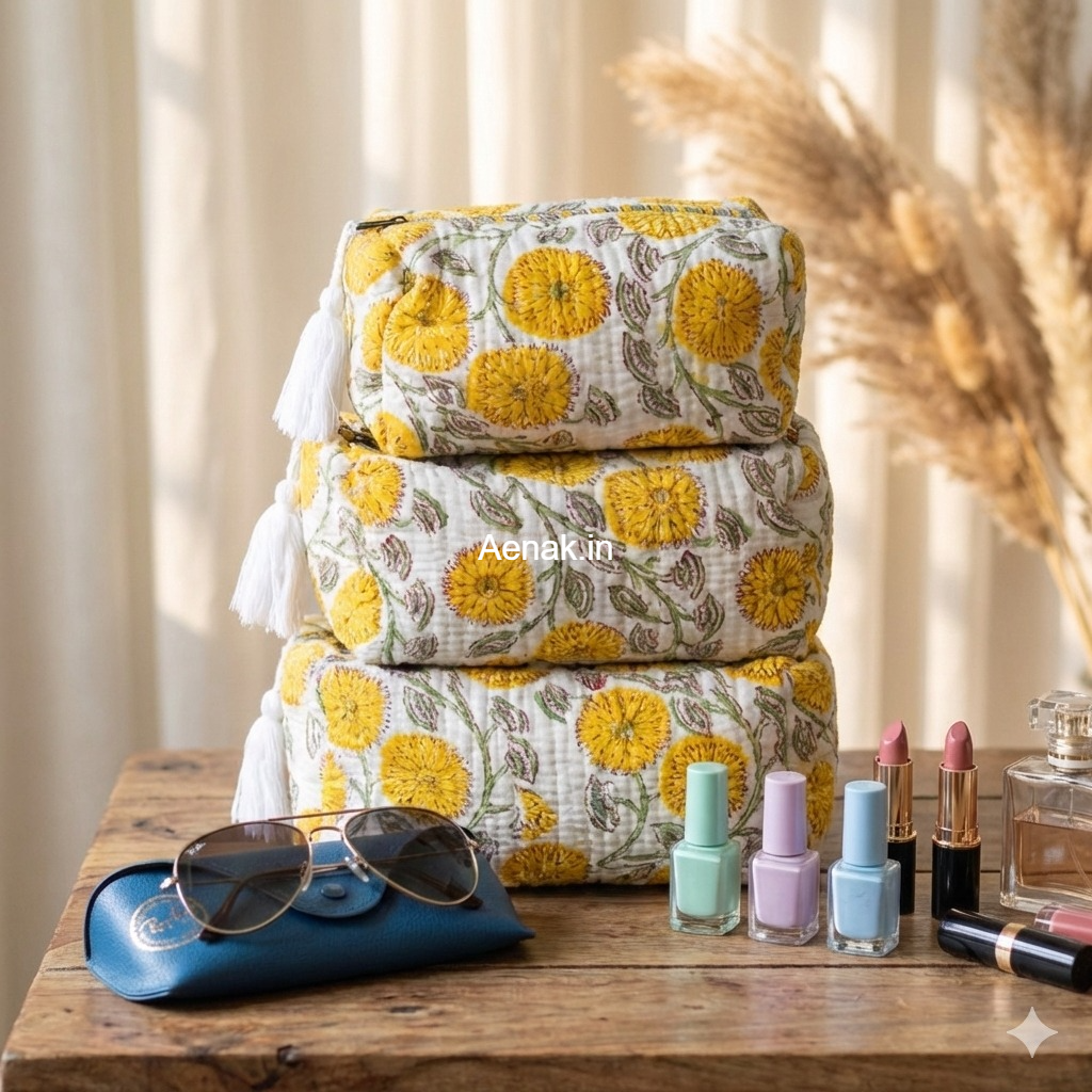 Yellow Floral Garden Quilted Vanity Pouches-Set of 3
