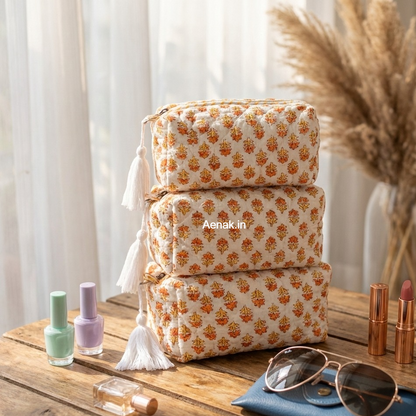 Yellow Tiny Floral Quilted Vanity Pouches-Set of 3