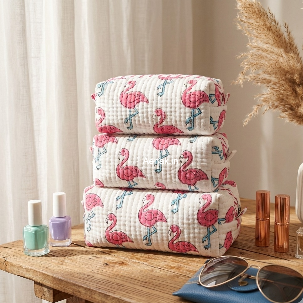 Pink Flamingo Quilted Vanity Pouches-Set of 3