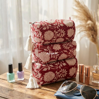 Red Floral Quilted Vanity Pouches-Set of 3