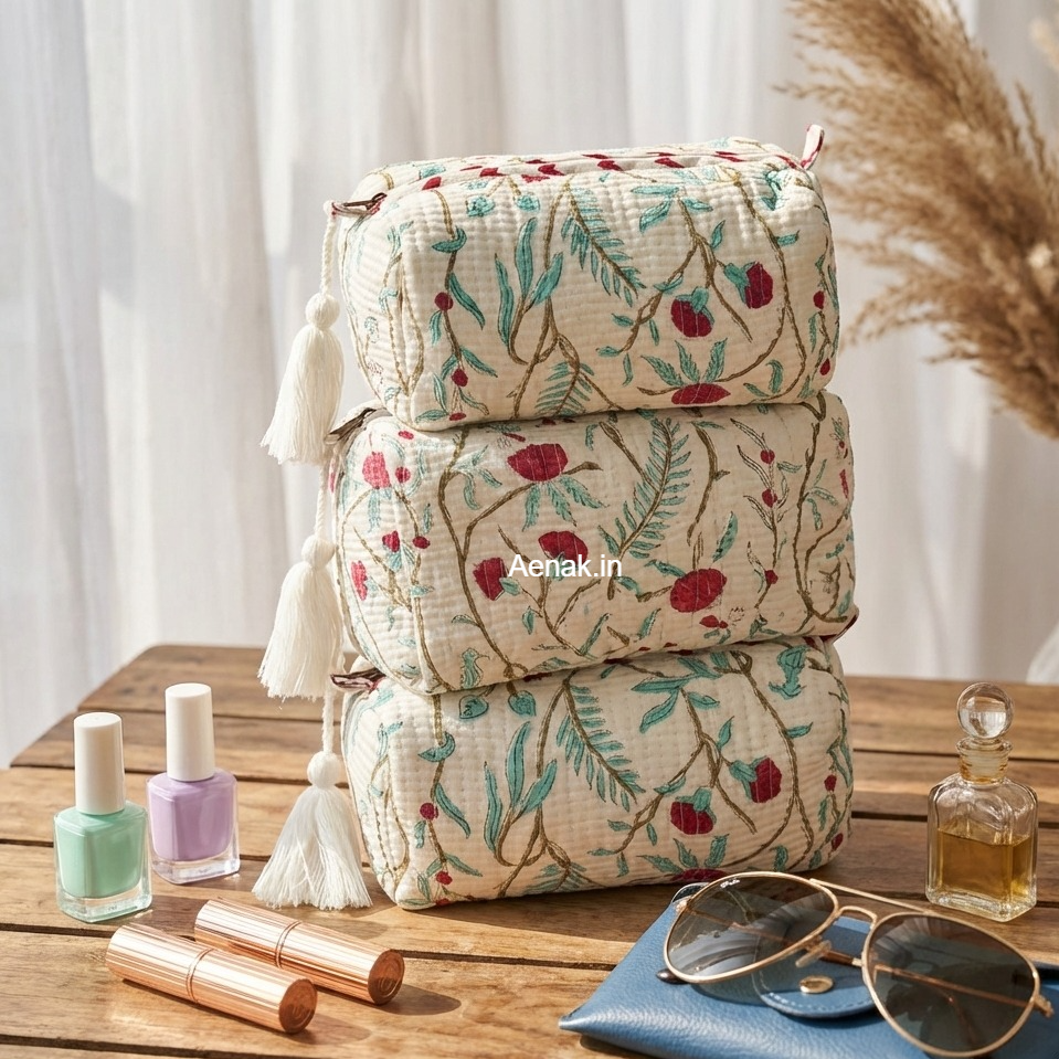 Teal Blue Jaal Quilted Vanity Pouches-Set of 3
