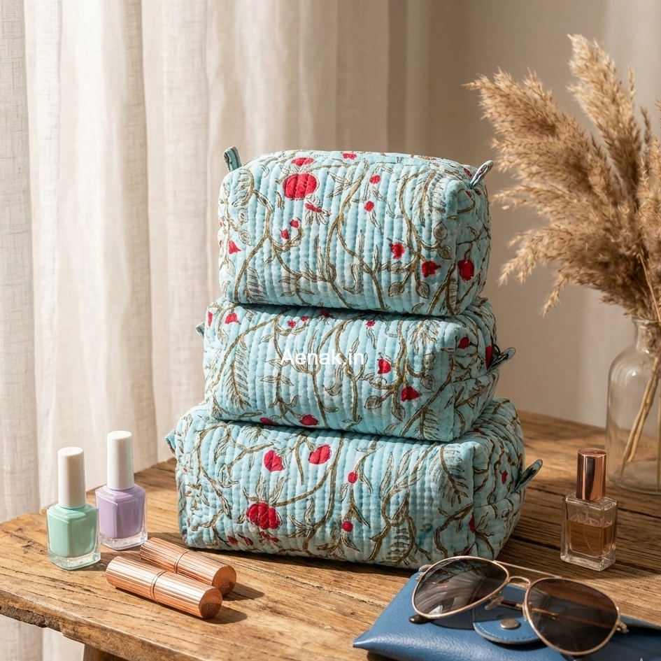 Red Floral Jaal Quilted Vanity Pouches-Set of 3