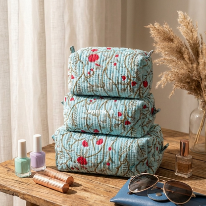 Red Floral Jaal Quilted Vanity Pouches-Set of 3