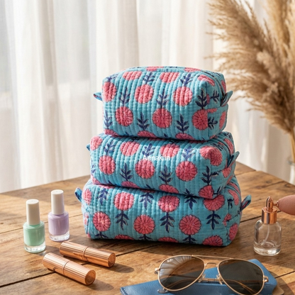 Pink Phool Quilted Vanity Pouches-Set of 3