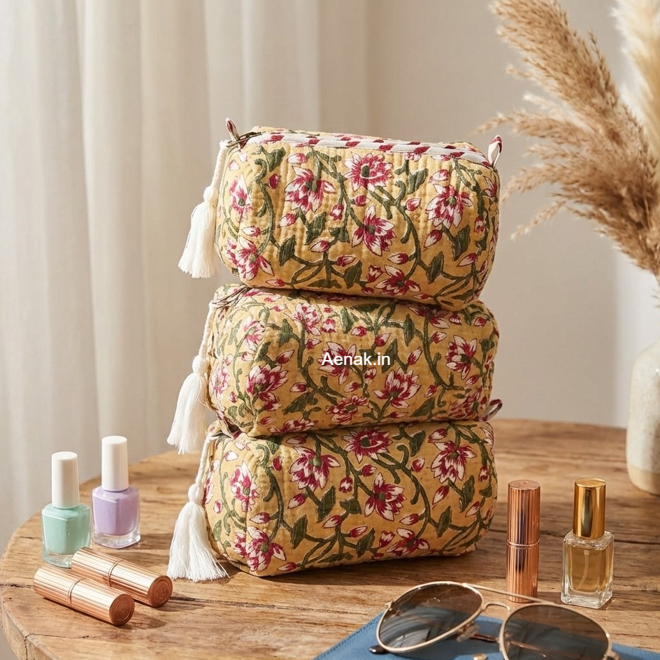 Beige Floral Jaal Quilted Vanity Pouches-Set of 3