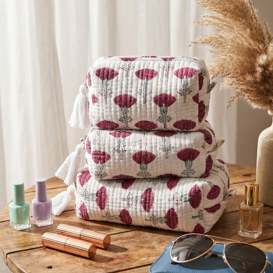 Red Rose Quilted Vanity Pouches-Set of 3