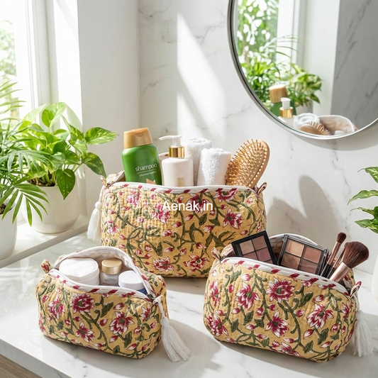 Beige Floral Jaal Quilted Vanity Pouches-Set of 3