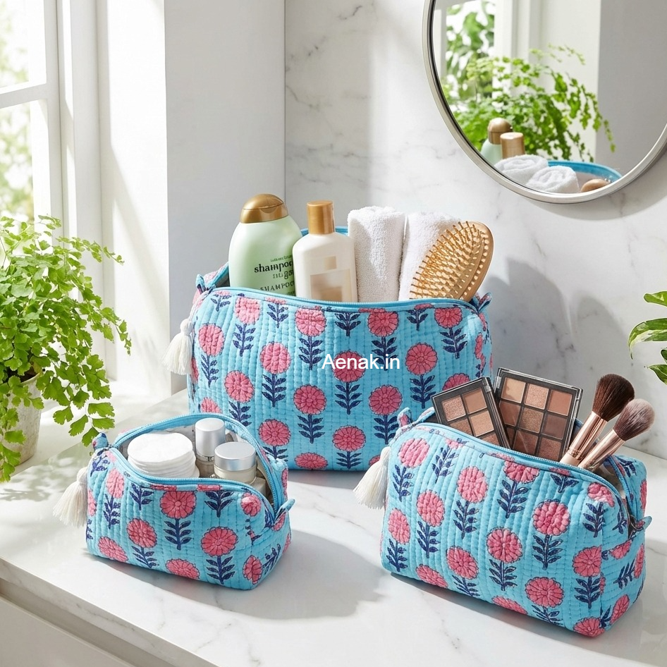 Pink Phool Quilted Vanity Pouches-Set of 3