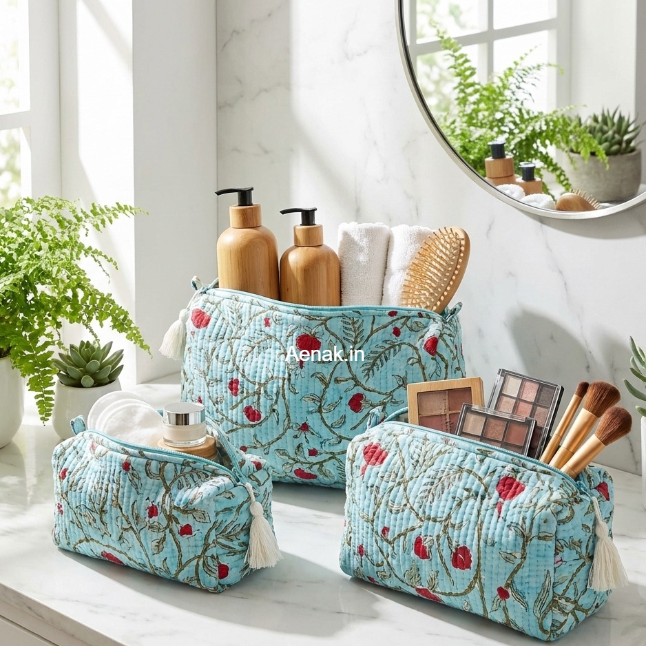 Red Floral Jaal Quilted Vanity Pouches-Set of 3