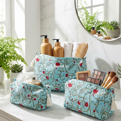 Red Floral Jaal Quilted Vanity Pouches-Set of 3