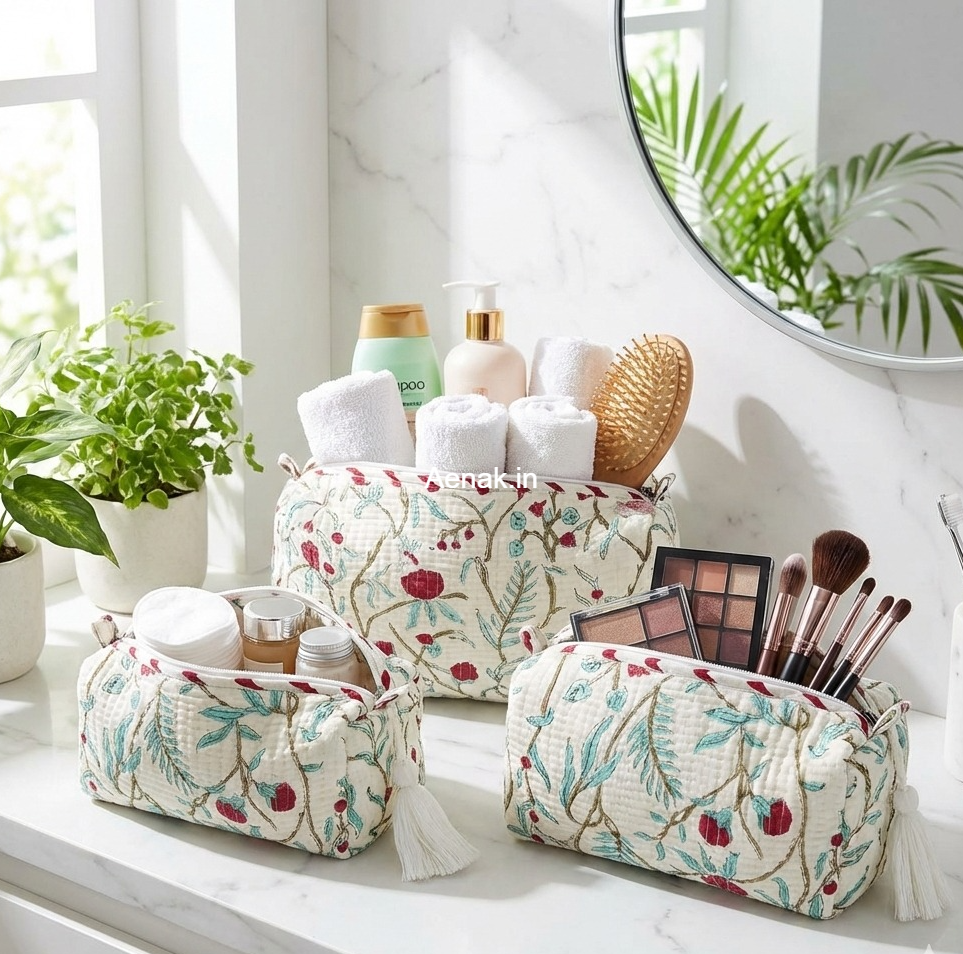 Teal Blue Jaal Quilted Vanity Pouches-Set of 3