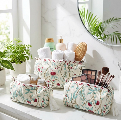 Teal Blue Jaal Quilted Vanity Pouches-Set of 3