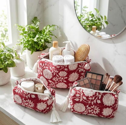 Red Floral Quilted Vanity Pouches-Set of 3