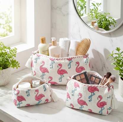 Pink Flamingo Quilted Vanity Pouches-Set of 3