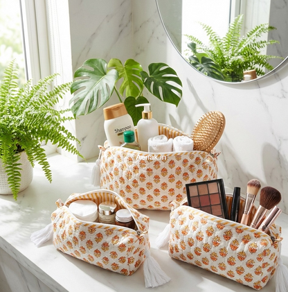 Yellow Tiny Floral Quilted Vanity Pouches-Set of 3