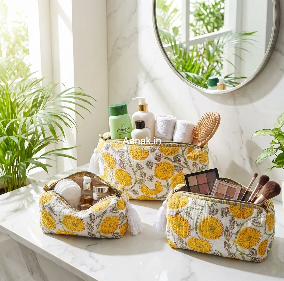 Yellow Floral Garden Quilted Vanity Pouches-Set of 3