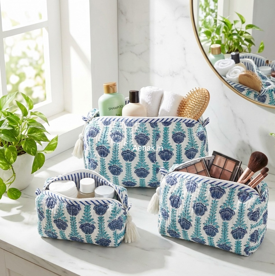 Blue Periwinkle Quilted Vanity Pouches-Set of 3
