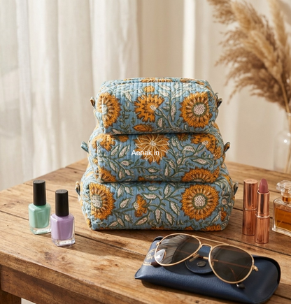 Orange Sunflower Quilted Vanity Pouches-Set of 3