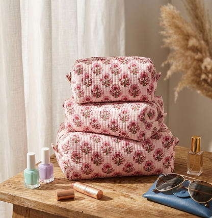 Pink Tiny Floral Quilted Vanity Pouches-Set of 3