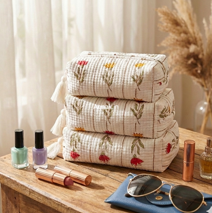 Red & Yellow Quilted Vanity Pouches-Set of 3