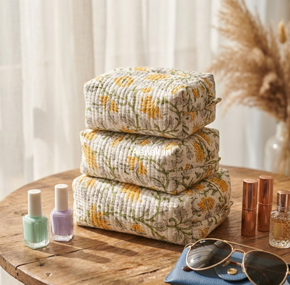 Yellow Marigold Quilted Vanity Pouches-Set of 3