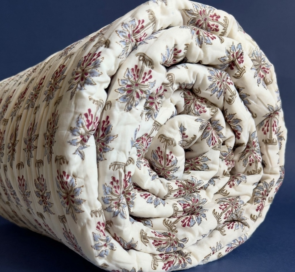 Blue Palm Jaal Handblock Reversible Mulmul Cotton Quilt