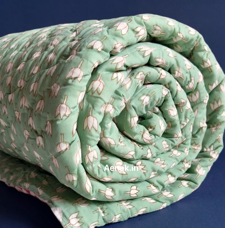 Green Elephant Handblock Reversible Mulmul Cotton Quilt