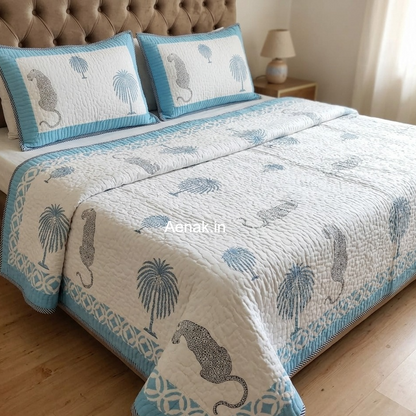 Sky Blue Cheetah Handblock Reversible Quilted Bedcover Set