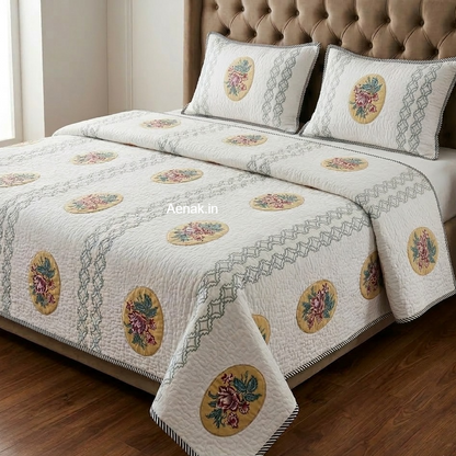 Red Rose Boota Handblock Reversible Quilted Bedcover Set