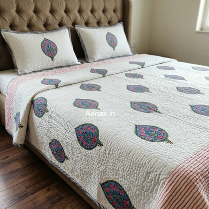 Pink Lotus Boota Handblock Printed Reversible Quilted Bedcover