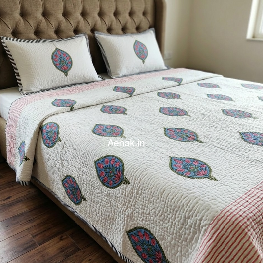 Pink Lotus Boota Handblock Reversible Quilted Bedcover Set