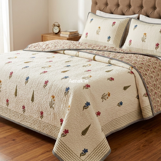 Pink Blue & Yellow Cypress Handblock Reversible Quilted Bedcover Set - 105x108