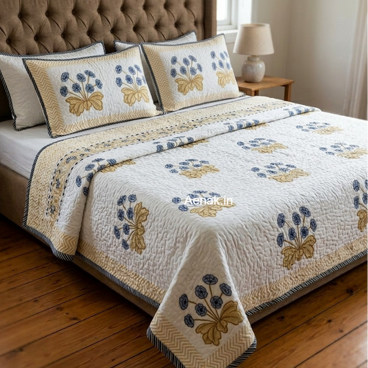 Indigo Petals Handblock Reversible Quilted Bedcover Set