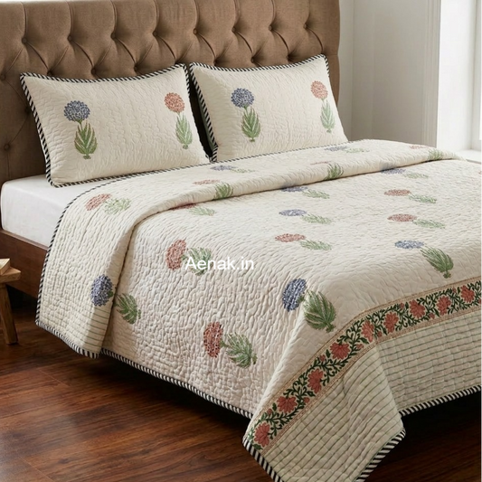 Pure Bloom Handblock Reversible Quilted Bedcover Set