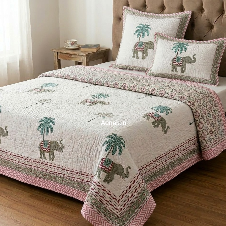 Grey Elephant Handblock Bedsheet + Quilted Bedcover Combo Set