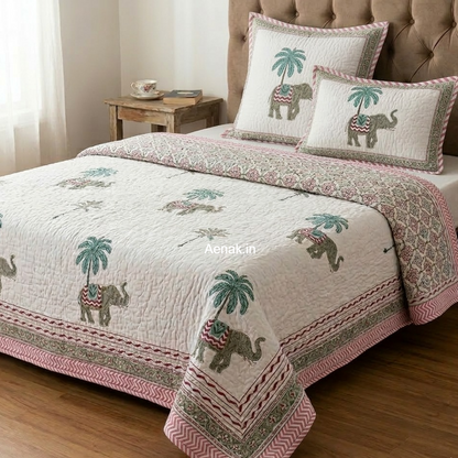 Grey Elephant Handblock Bedsheet + Quilted Bedcover Combo Set