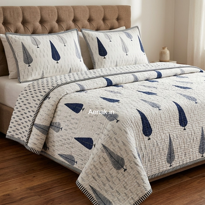 Blue Cypress Handblock Bedsheet + Quilted Bedcover Combo Set