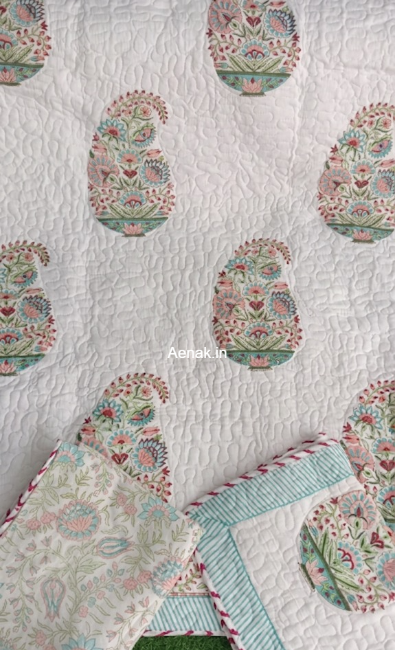 Pink Kairi Handblock Reversible Quilted Bedcover Set