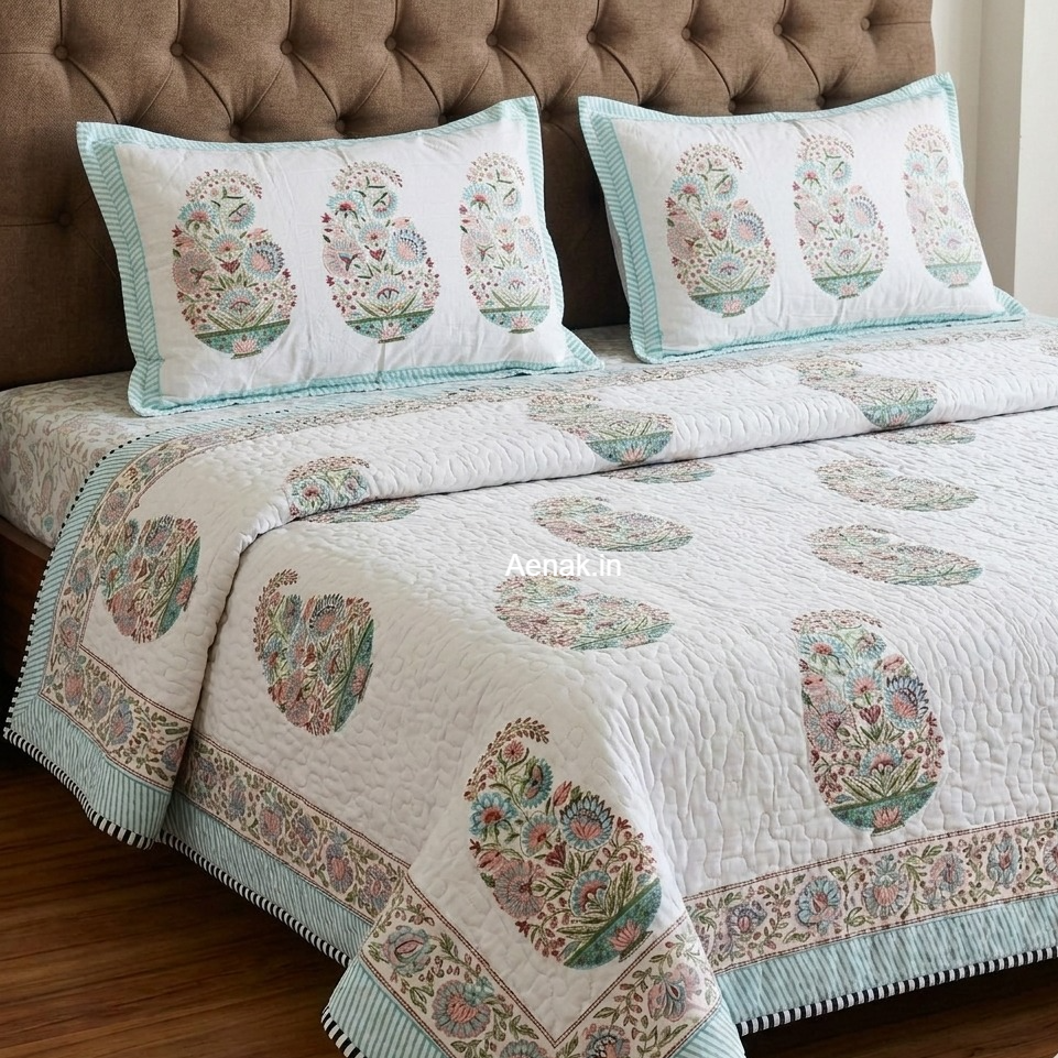 Pink Kairi Handblock Reversible Quilted Bedcover Set